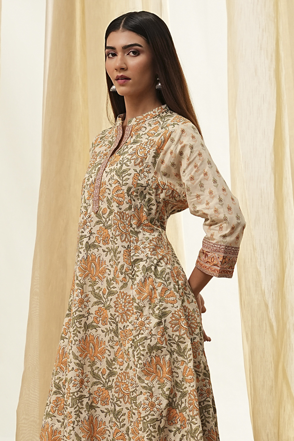 Beige Pure Cotton Floral Kalidar Kurta Set image number 1