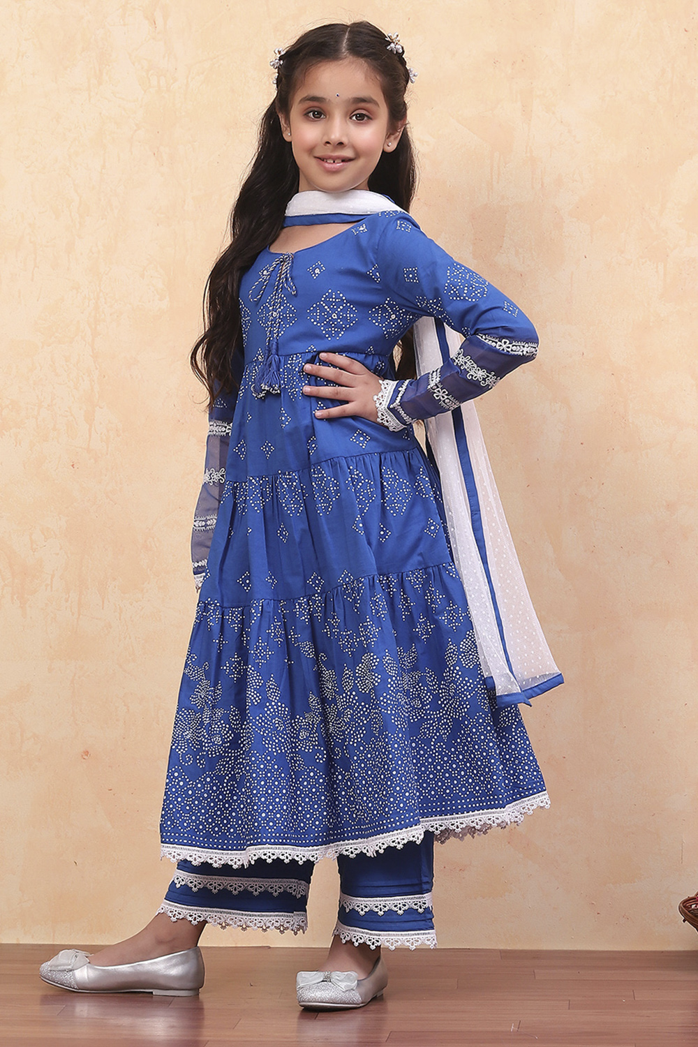 Blue Cotton Printed Flared Festive Tiered Suit Set image number 3