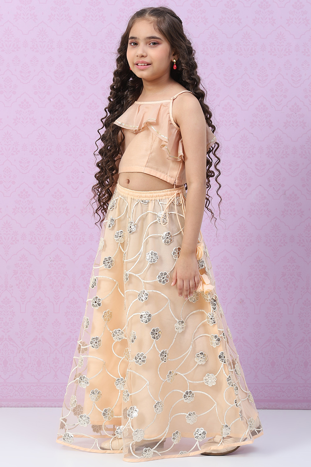 Peach Art Silk Layered Lehenga Set image number 3