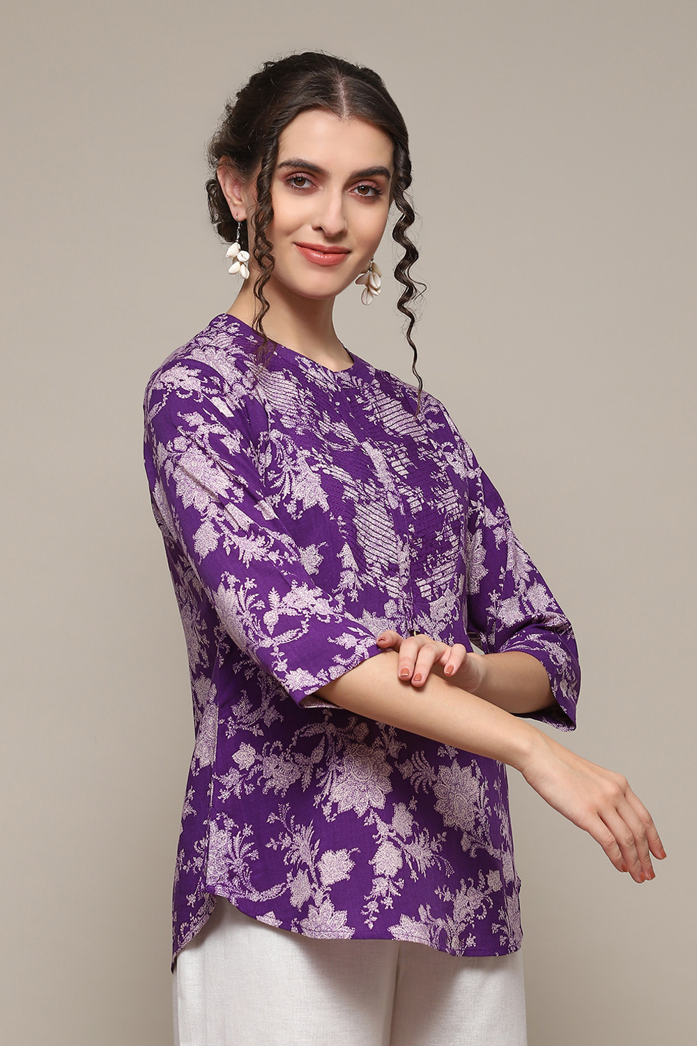 Pink & Purple LIVA Straight Printed Kurti image number 3