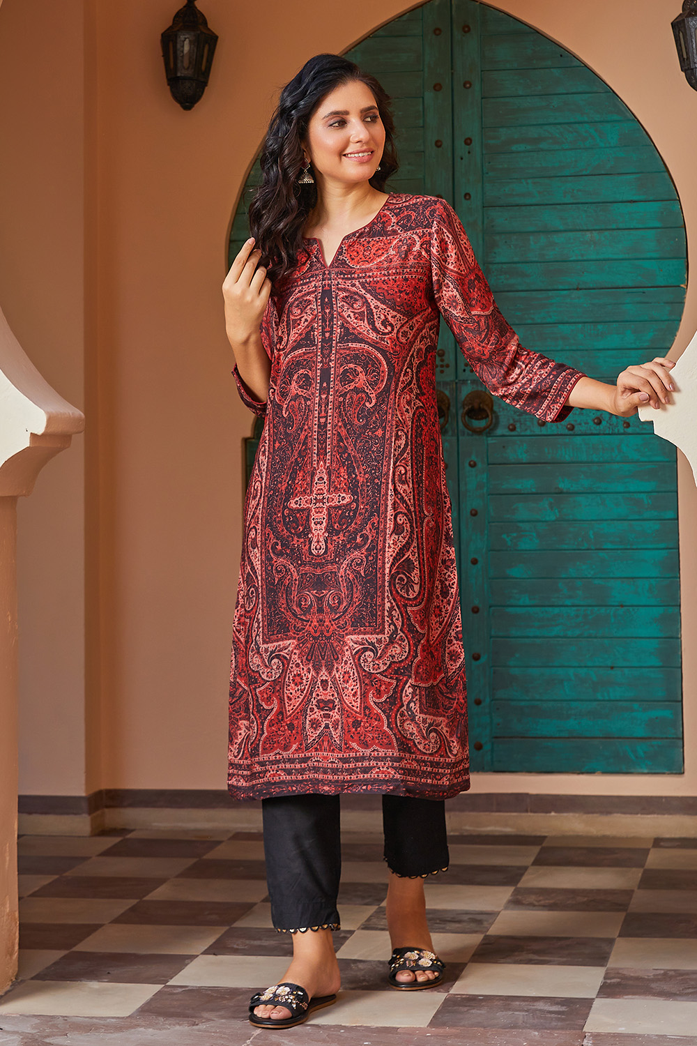 Dull Red LIVA Straight Printed Kurta image number 0