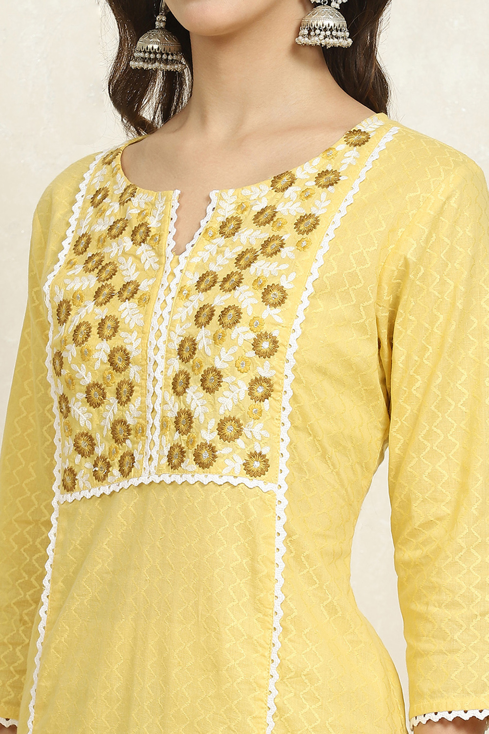 Yellow Cotton Handloom Unstitched Suit Set image number 2