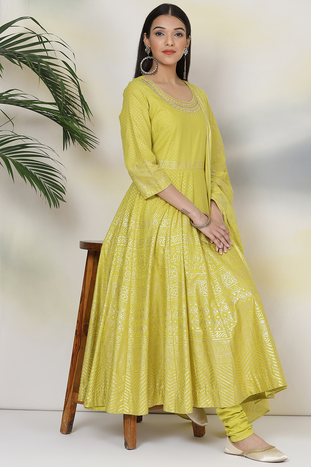 Lime Green Cotton Anarkali Kurta Churidar Suit Set image number 0