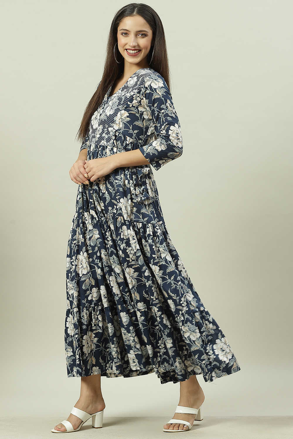 Navy Cotton Tiered Printed Dress image number 3