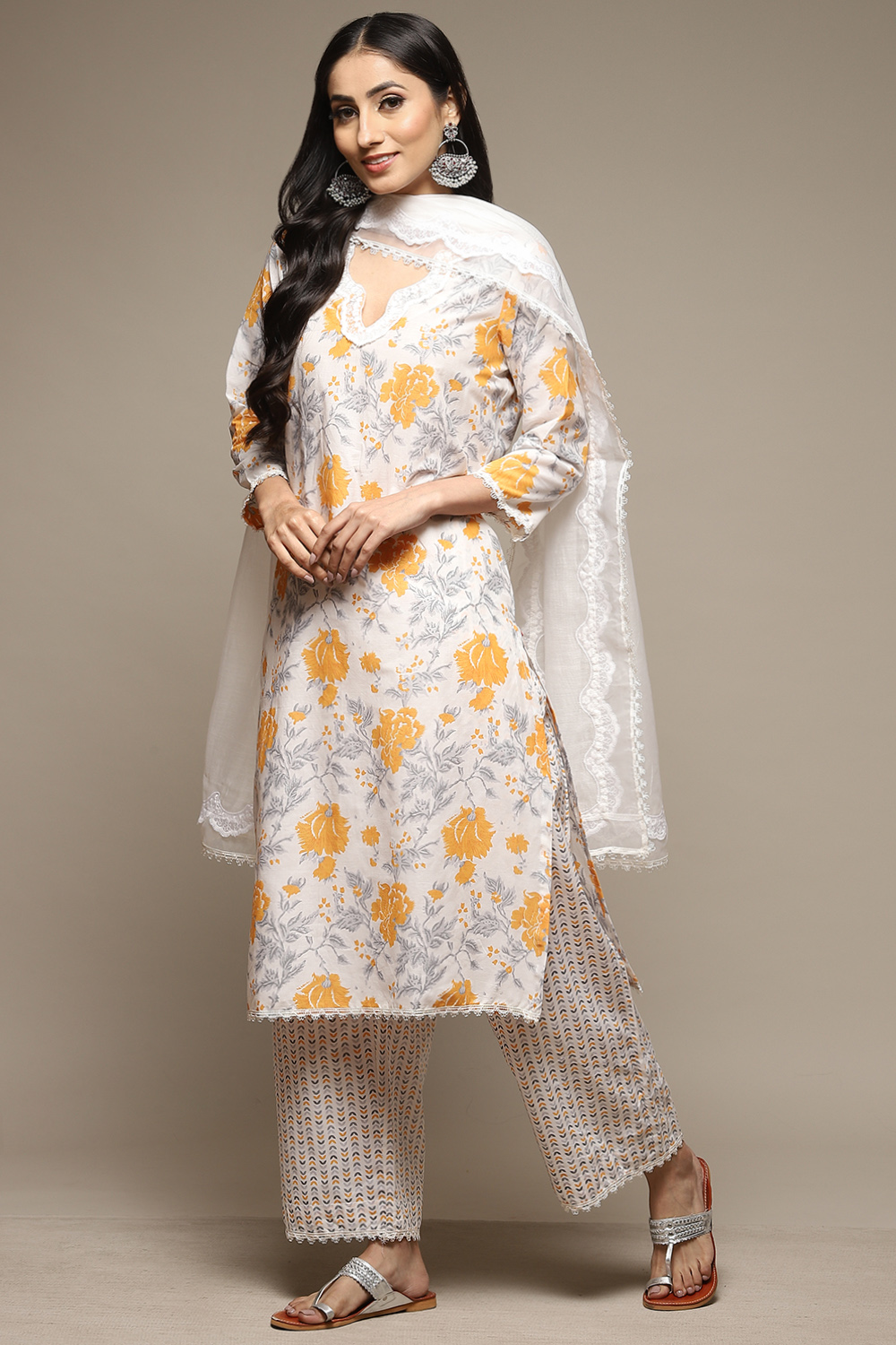 Ivory Cotton Straight Kurta Palazzo Suit Set image number 5