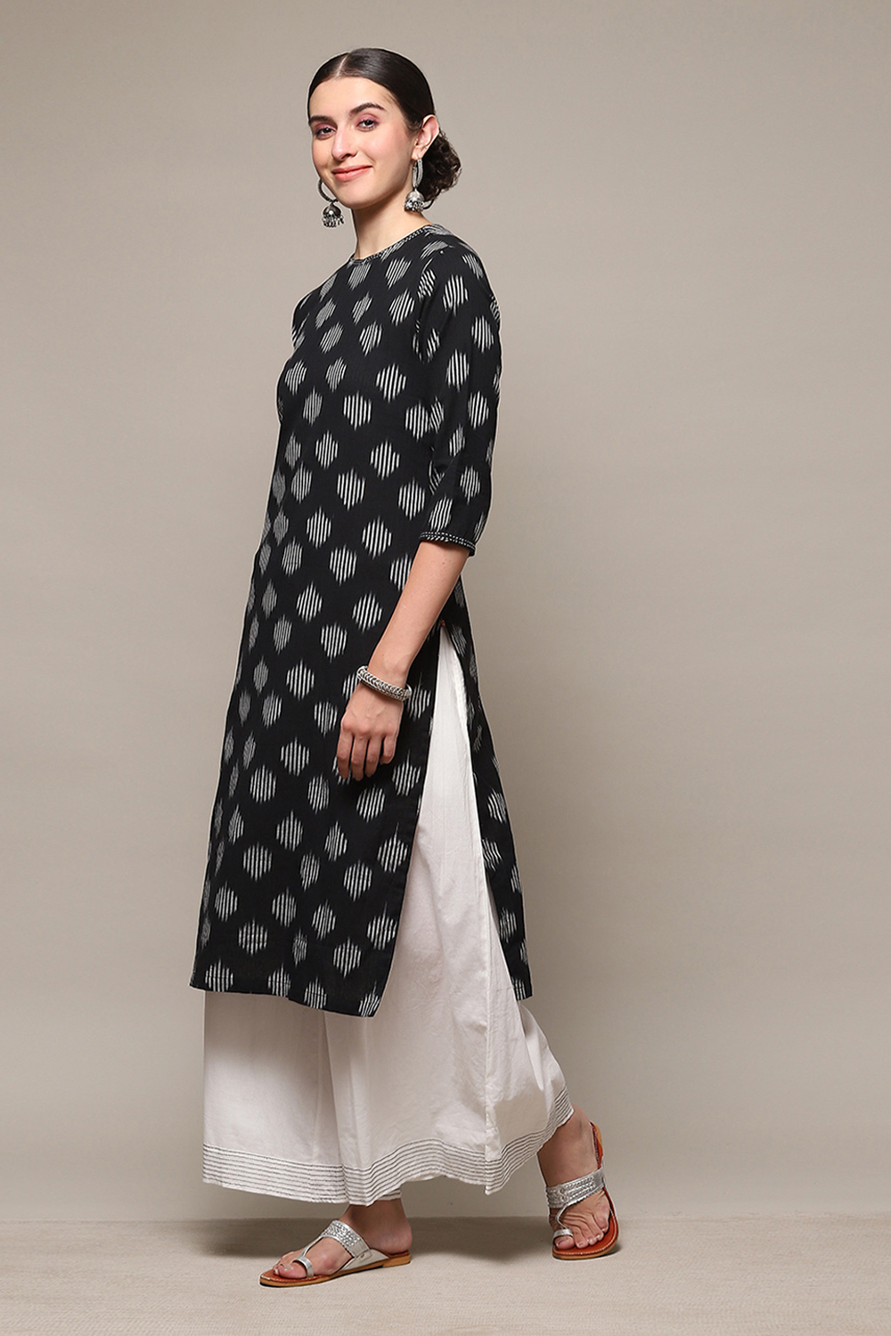 Black Cotton Straight Kurta Palazzo Suit Set image number 3