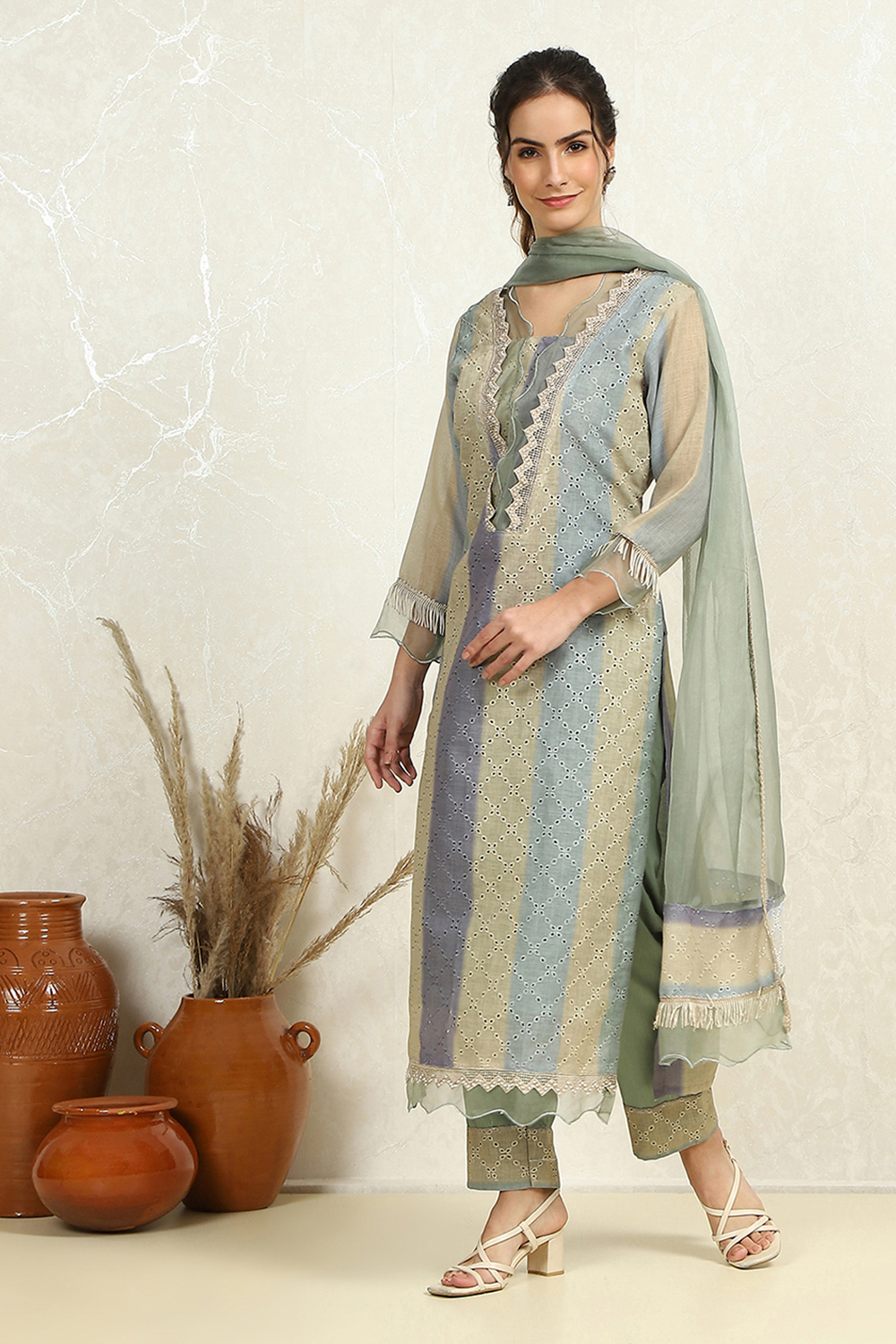 Green Cotton Blend Schiffly Unstitched Suit Set image number 5