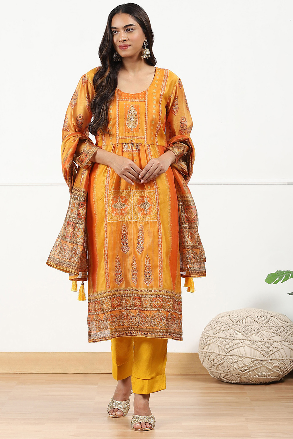 Yellow Chanderi Printed  Embroidered Unstitched Suit Set image number 1