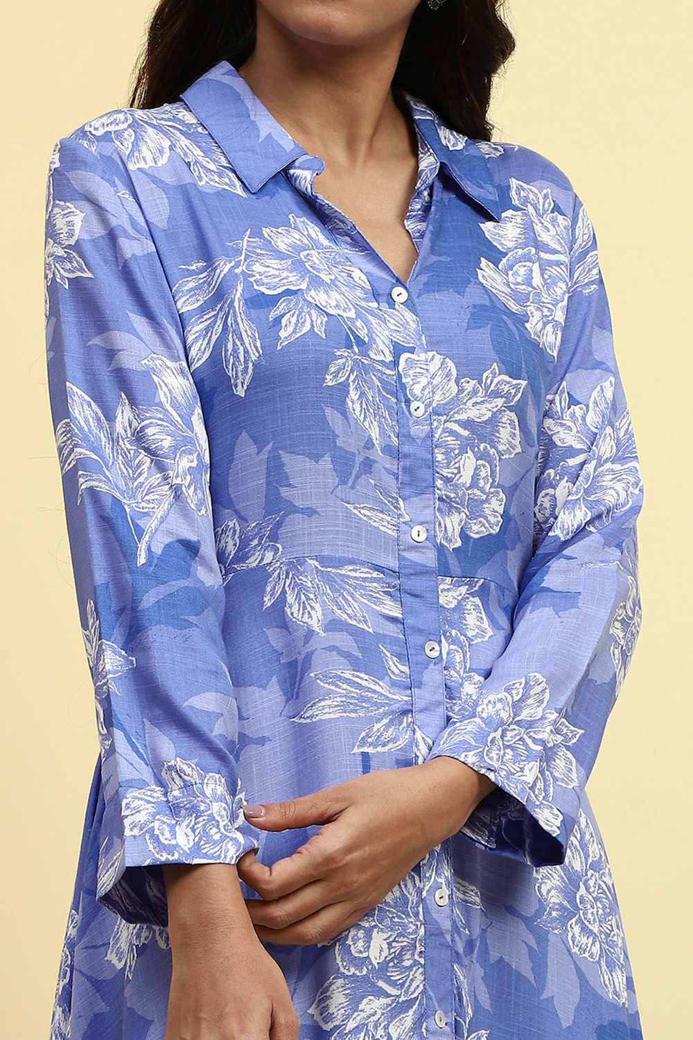 Blue Floral Printed Shirt Style A-line Dress image number 1