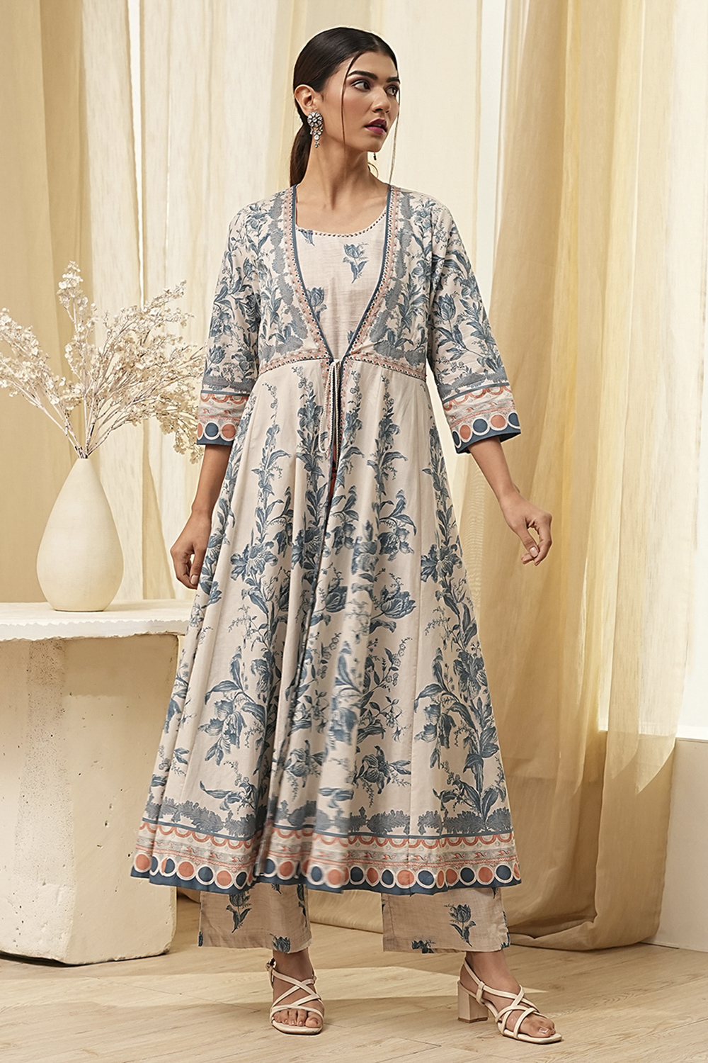 Beige and Blue Printed Front Open Kurta Set image number 0