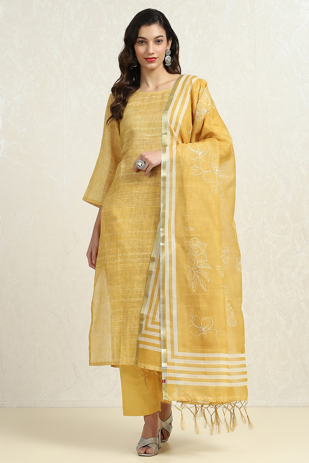 Yellow Linen Blend Woven Unstitched Suit Set image number 1