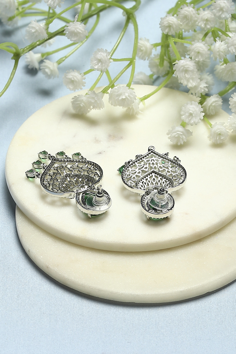 Green and White Silver-Plated CZ Studded Danglers image number 2