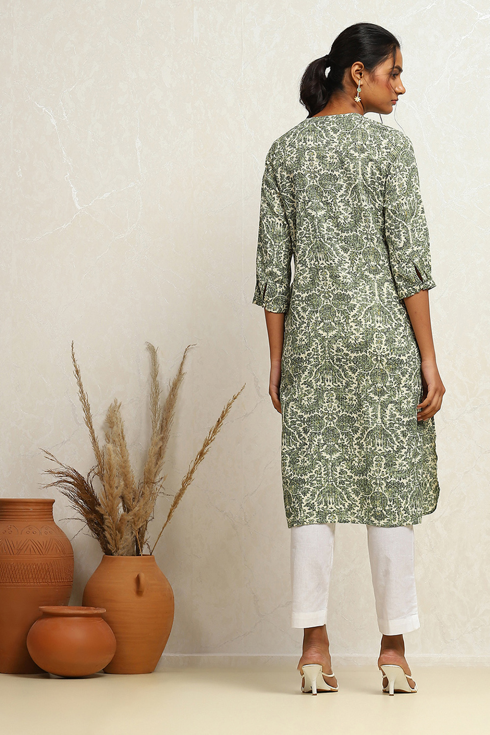 Green Cotton Printed Straight Kurta image number 3