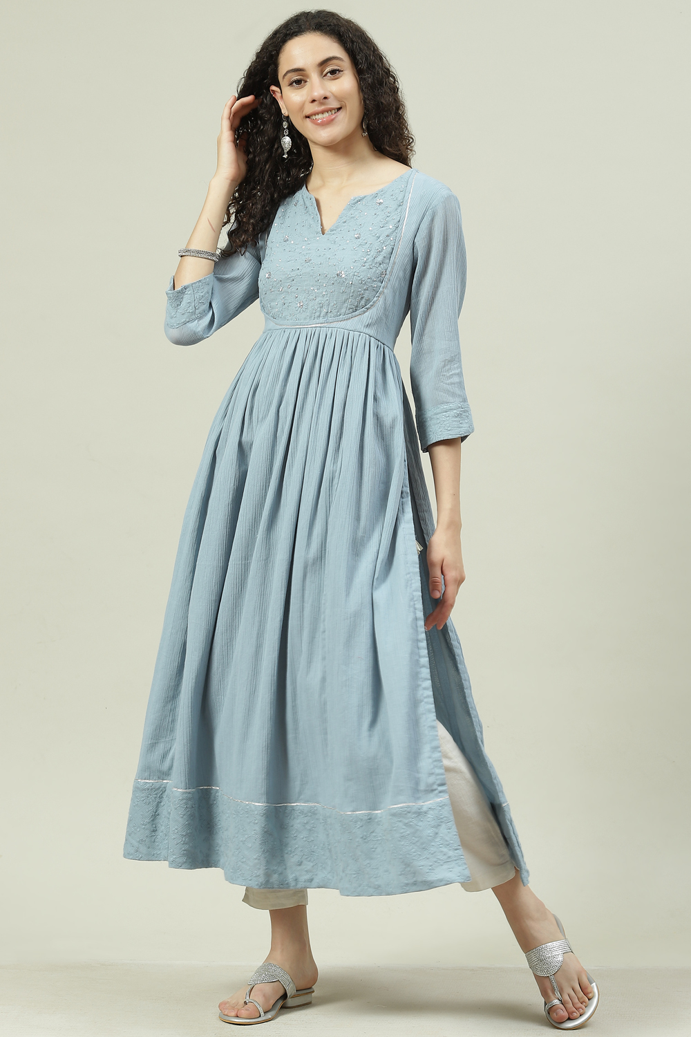 Blue Cotton Flared Solid Kurta Dress image number 5