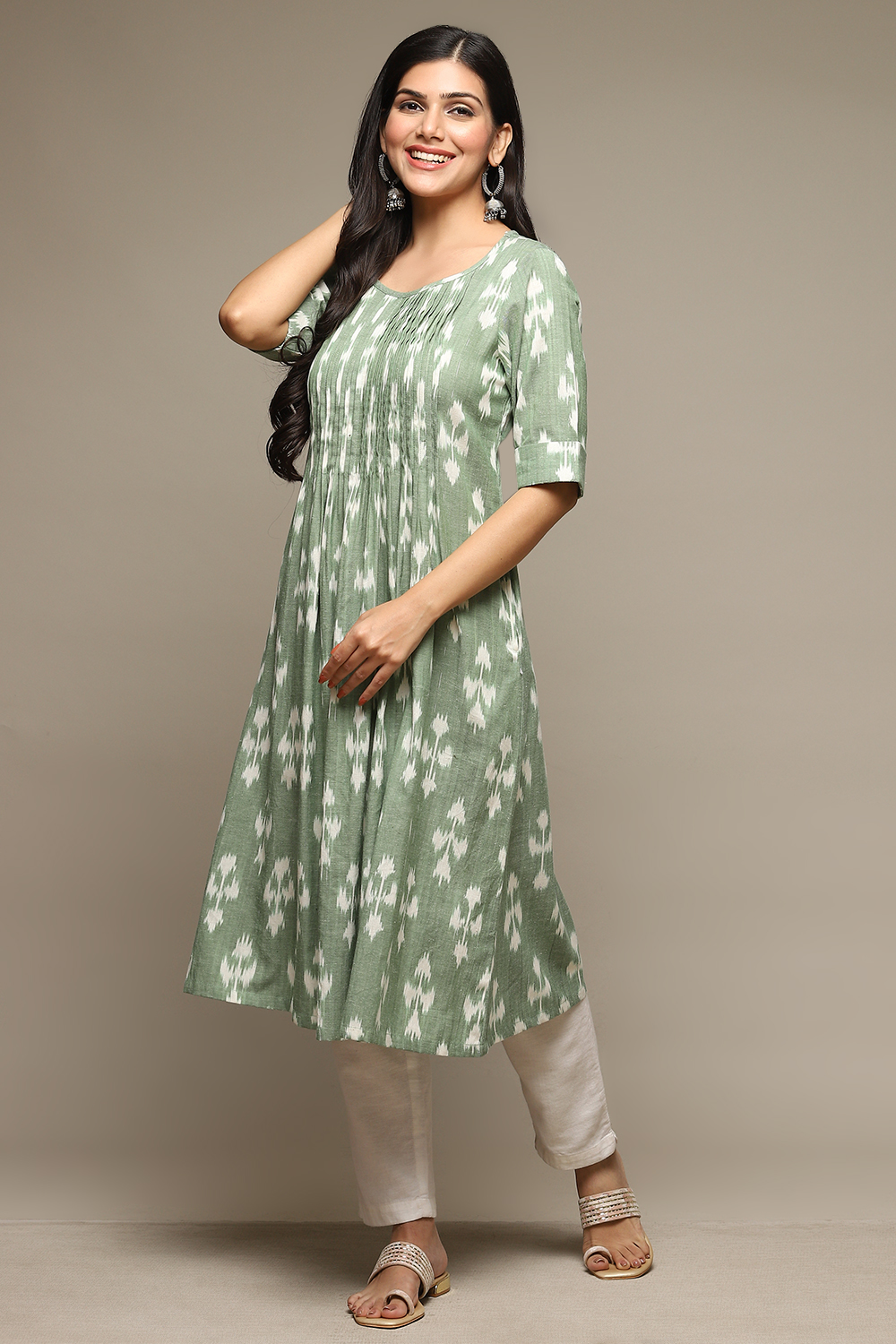 Khaki Green Cotton IKAT Straight Yarndyed Kurta image number 2