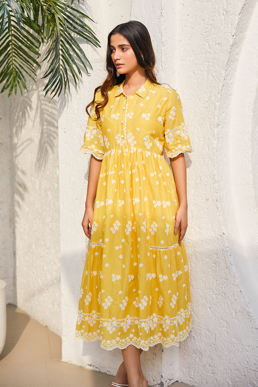 Yellow Cotton Embroidered Tiered Dress image number 5