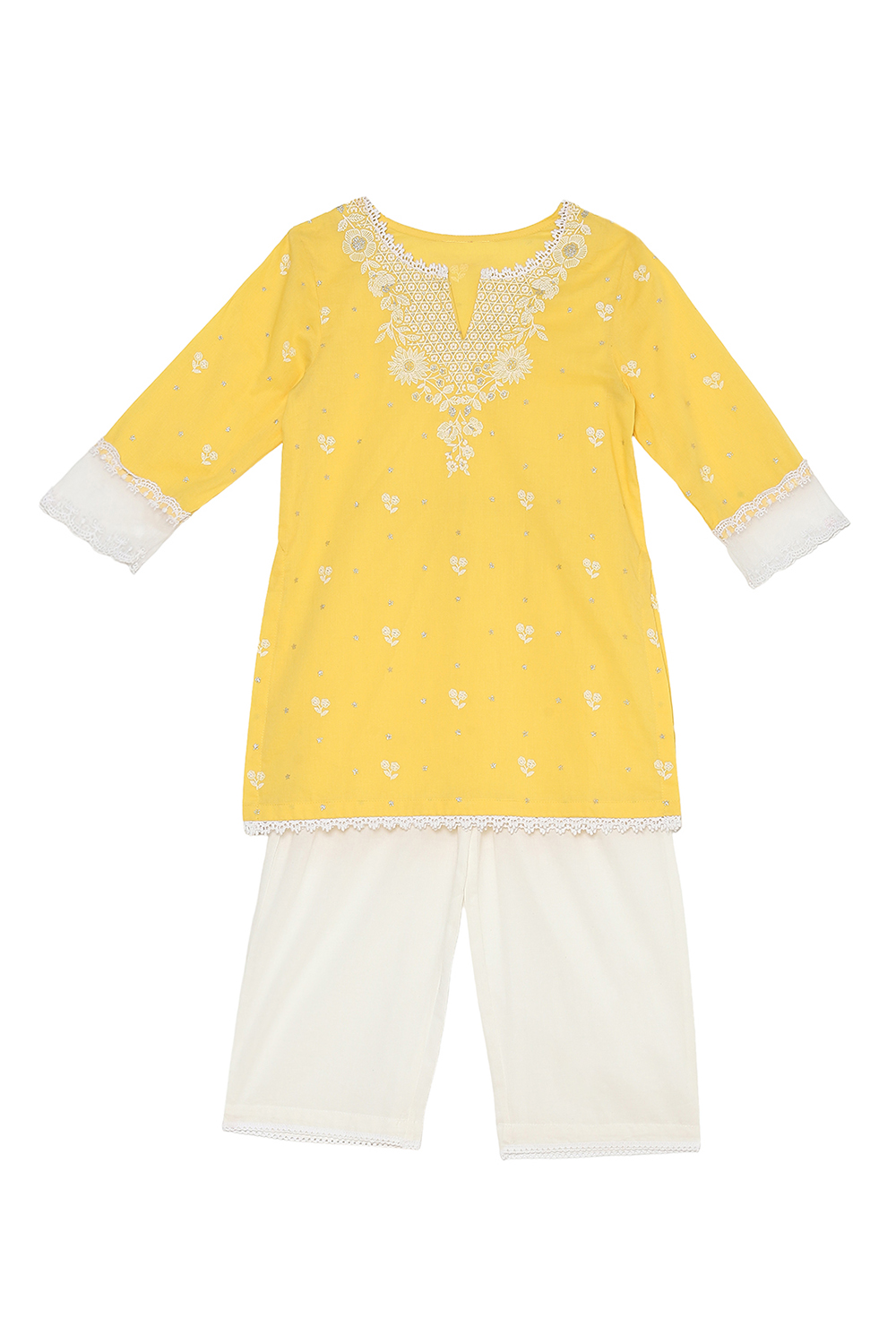 Yellow and White Cotton Printed Kurta Set image number 0