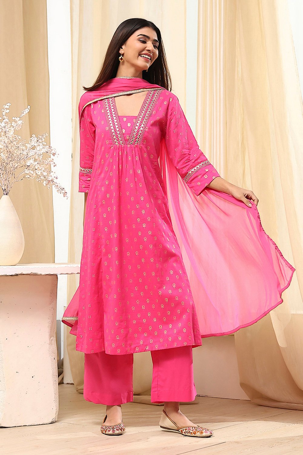 Fuchsia Cotton Gathered Suit Set image number 0