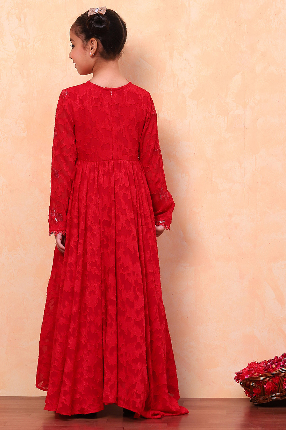 Red Jacquard Floral Self-Design Gathered Festive Gown image number 3