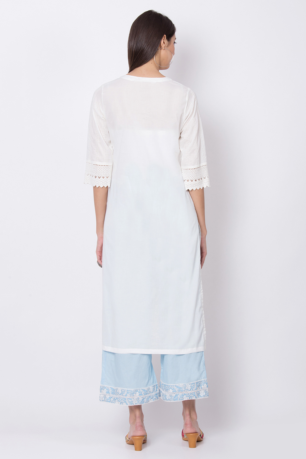 White Cotton Straight Kurta Palazzo Suit Set image number 4