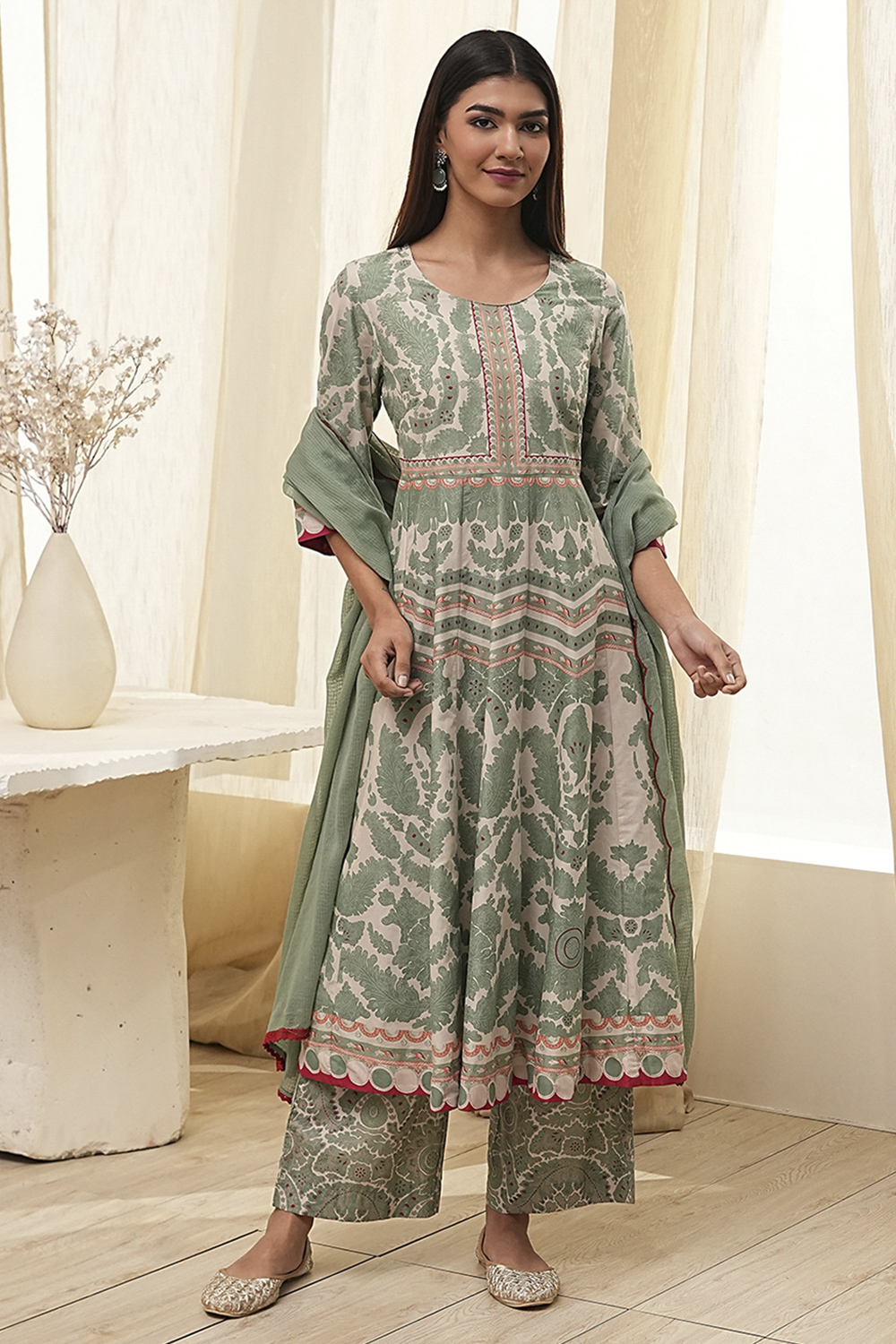 Green Cotton Printed Anarkali Suit Set image number 7