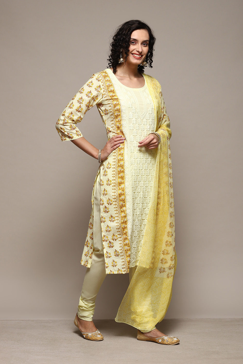 Yellow Cotton Handloom Unstitched Suit Set image number 7