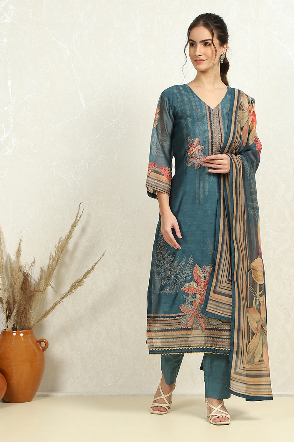 Blue Chanderi Floral Printed Unstitched Suit Set image number 1