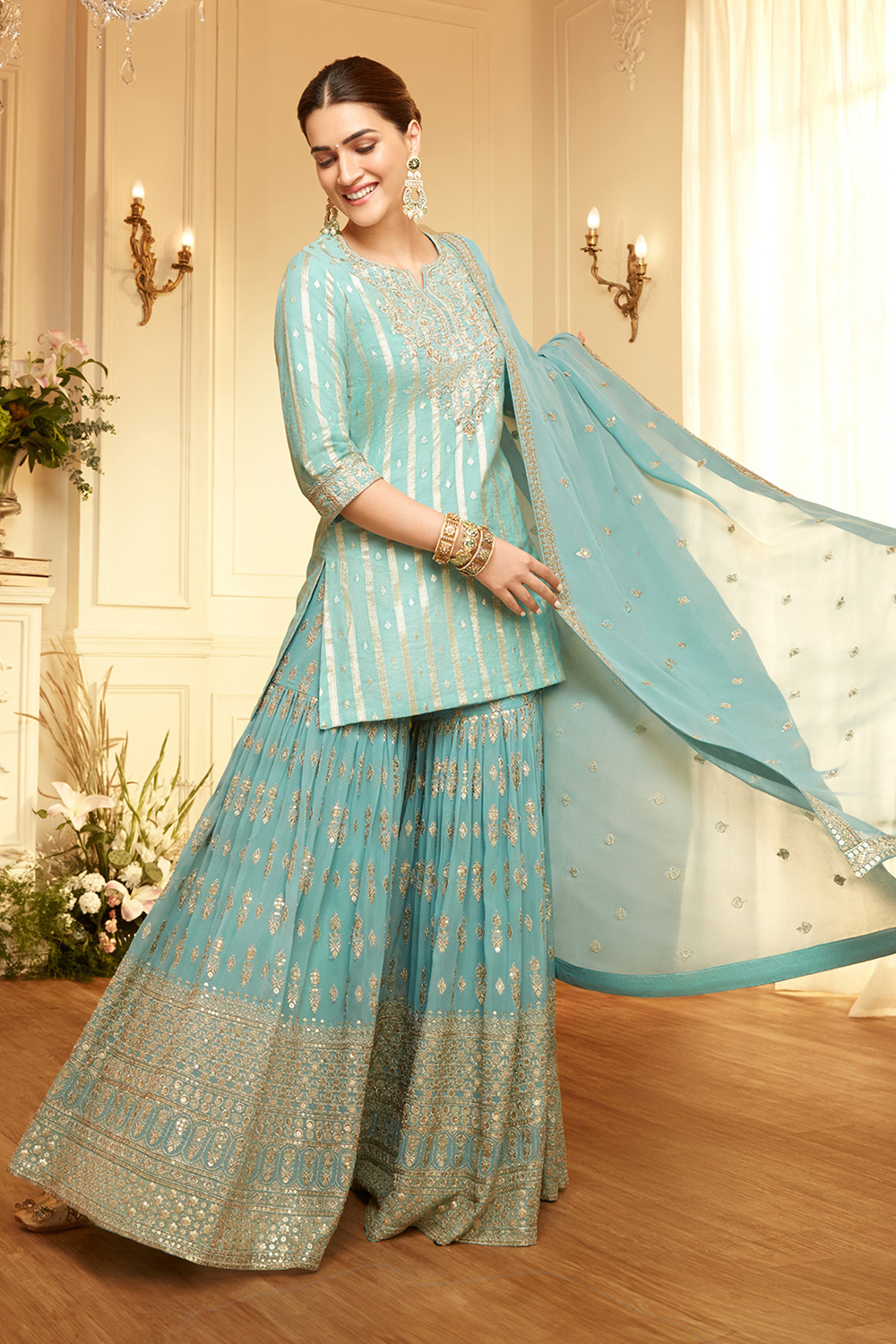 Powder Blue Embroidered Straight Suit Set image number 0