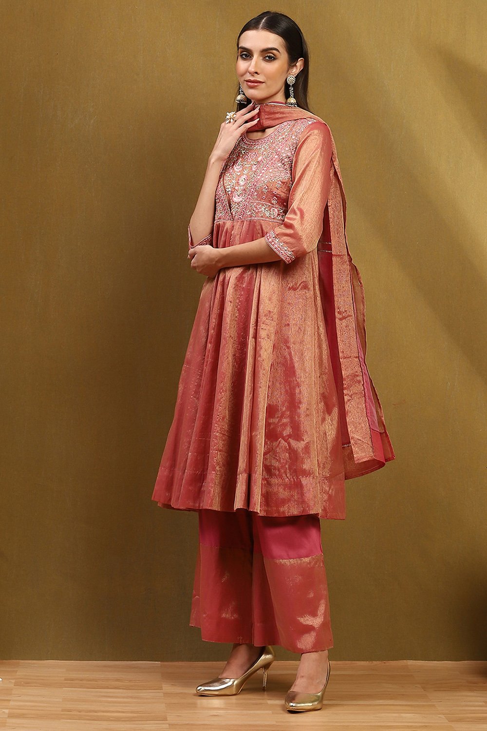 Old Rose Cotton Anarkali Suit Set image number 3