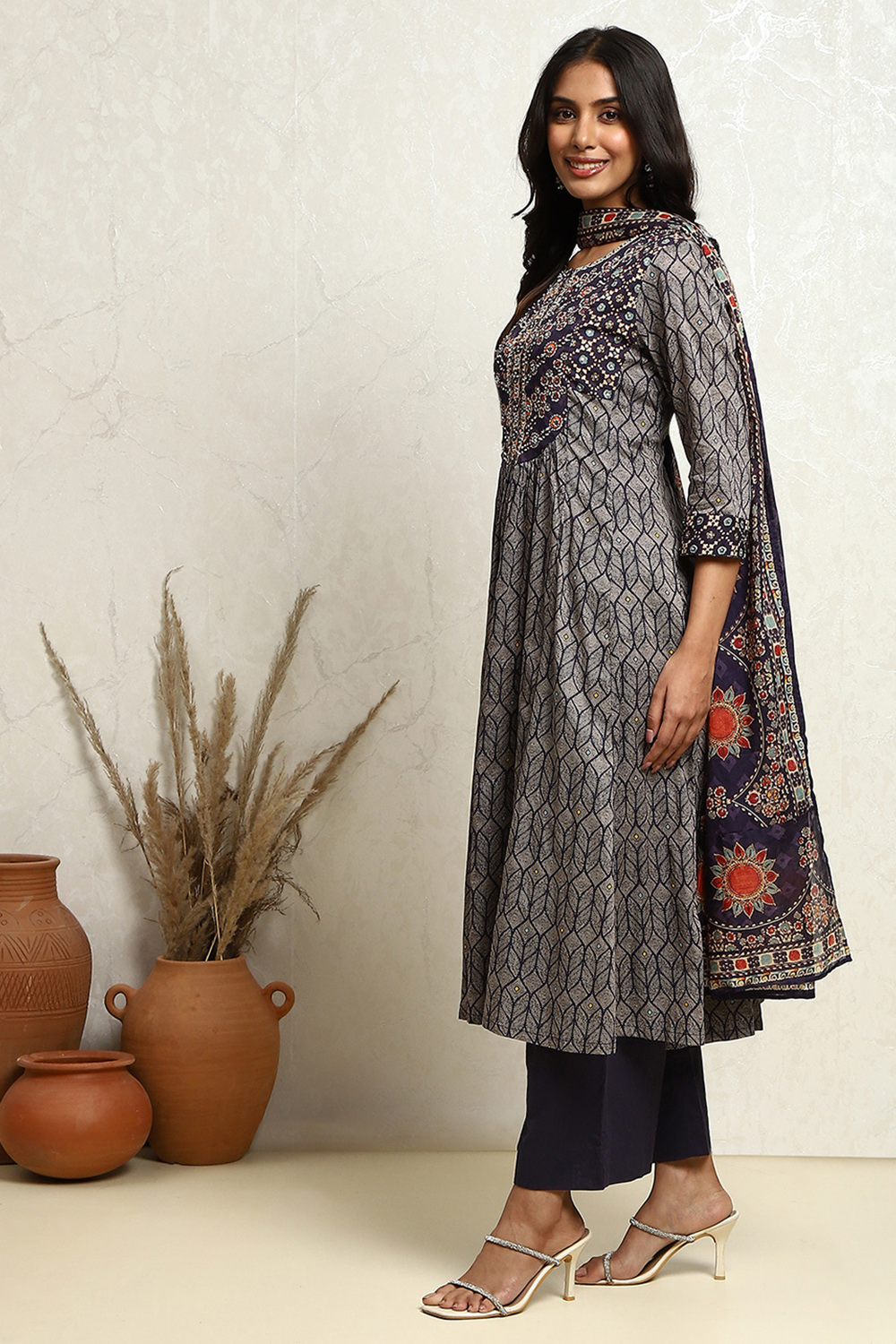 Indigo Cotton Printed Flared Festive Suit Set image number 3