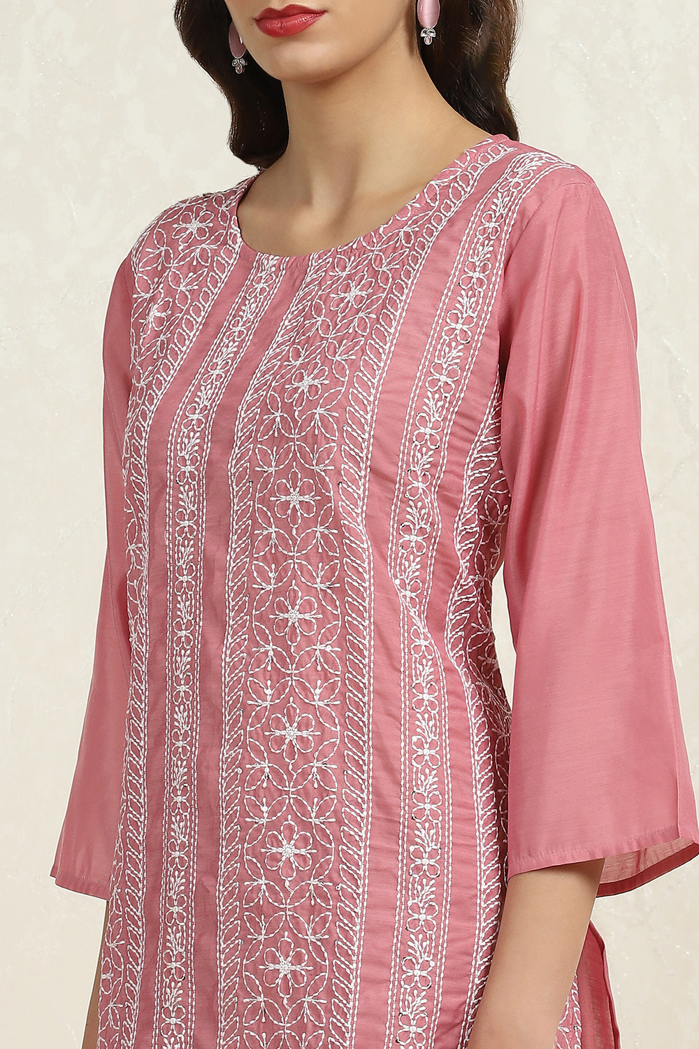 Pink Chanderi Machine Embroidered Unstitched Suit Set image number 5