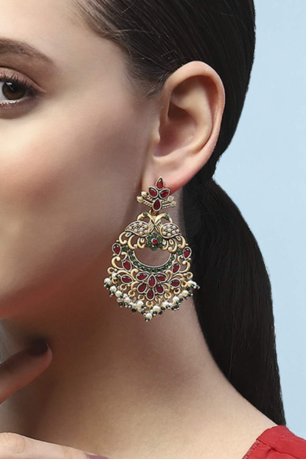 Red Gold-Plated Stone Studded Temple Danglers image number 3