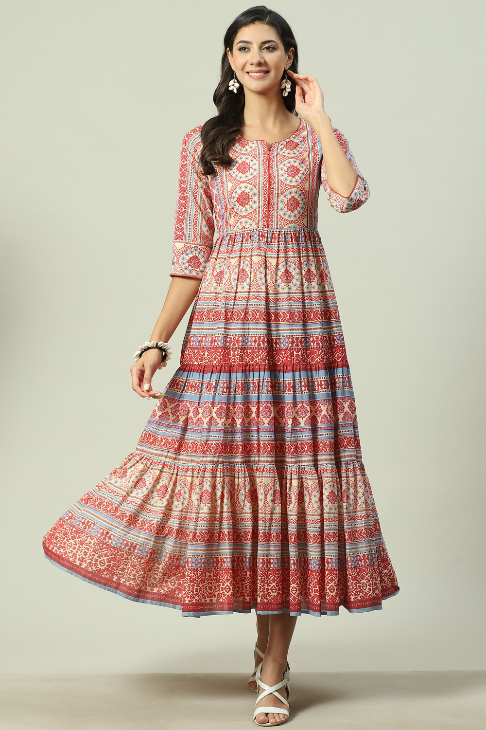 Cream Cotton Tiered Printed Dress image number 0