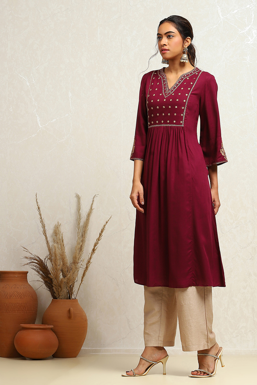 Wine Yoke Design Festive A-Line Kurta image number 2