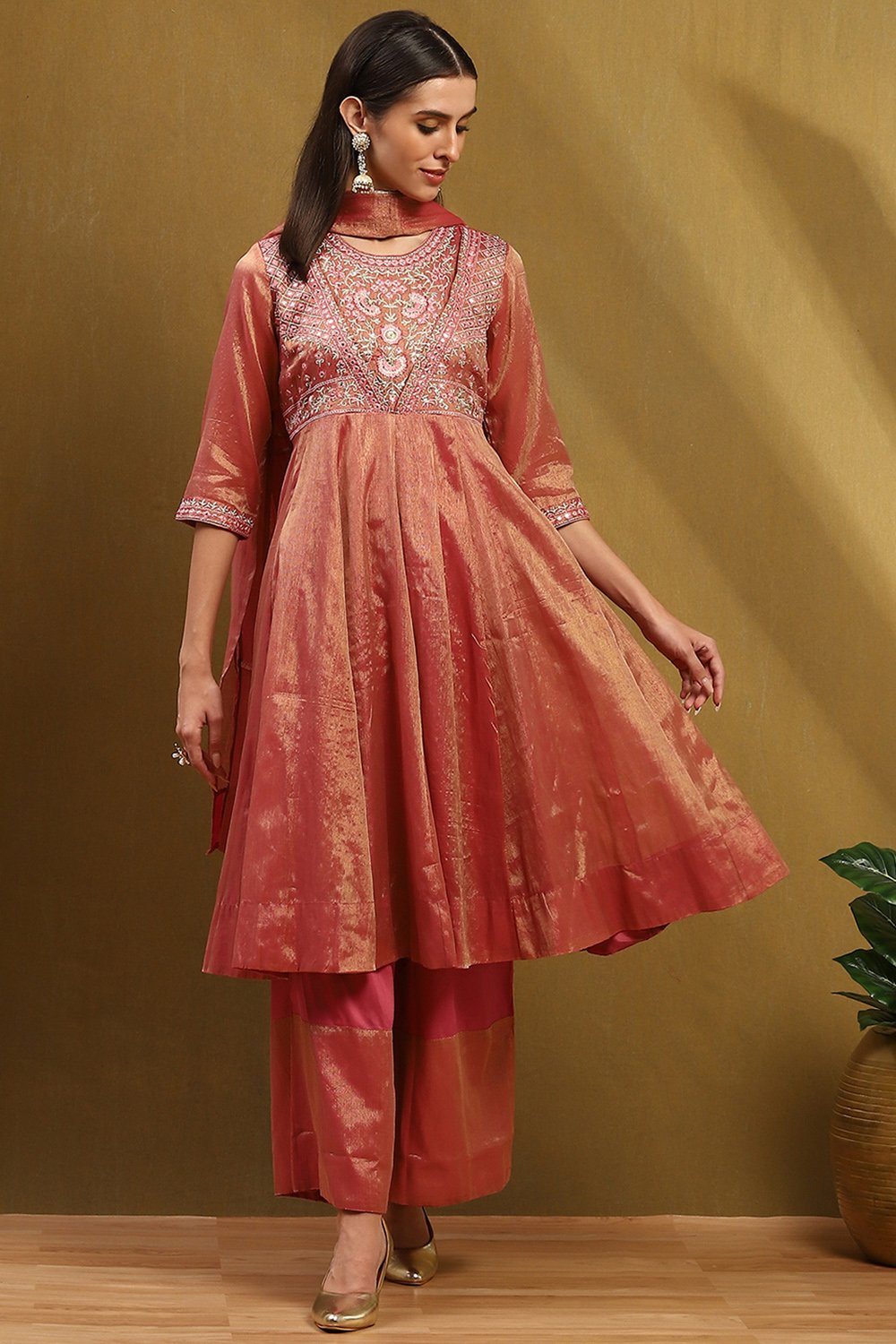 Old Rose Cotton Anarkali Suit Set image number 7