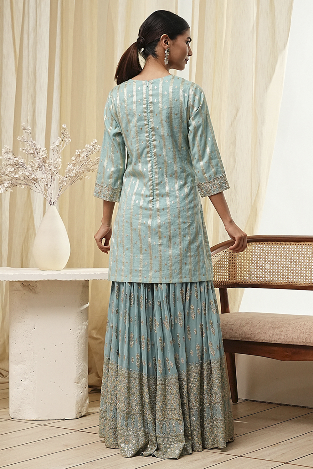 Powder Blue Embroidered Straight Suit Set image number 5