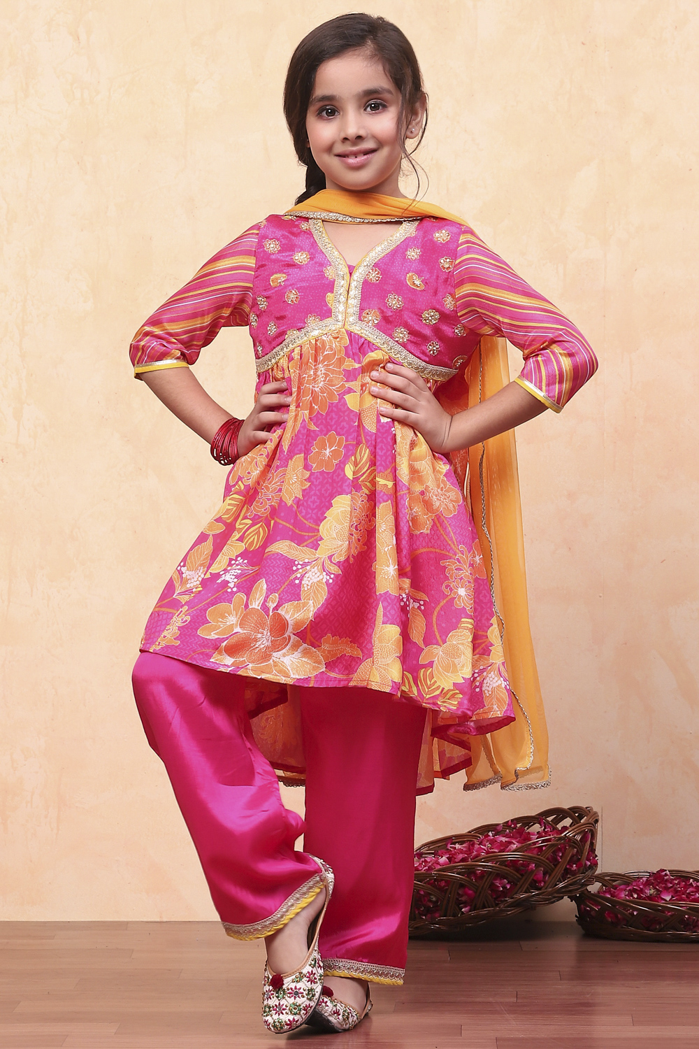 Pink Floral Printed Gathered A-Line Festive Suit Set image number 0