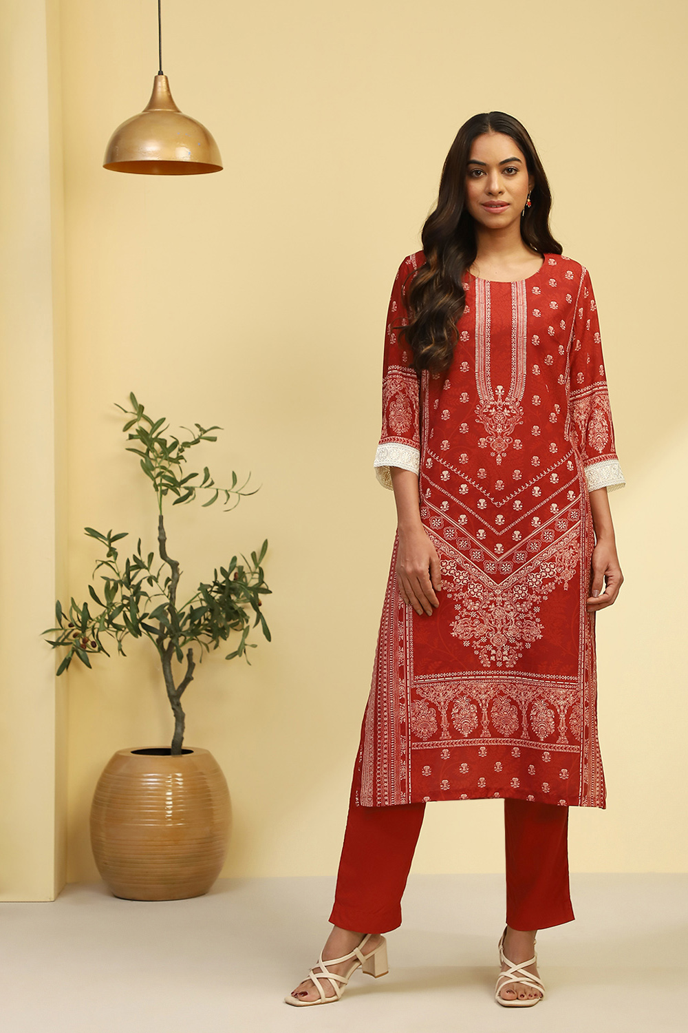 Rust Crepe Printed Straight Kurta image number 0