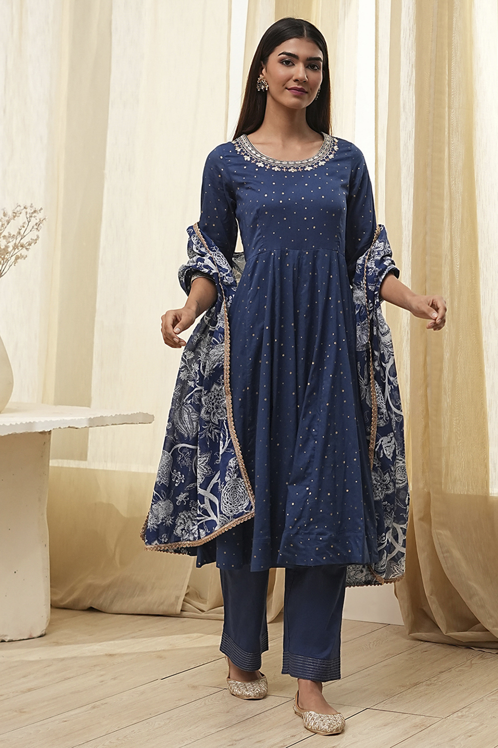 Blue Cotton Foil Printed Anarkali Suit Set image number 6