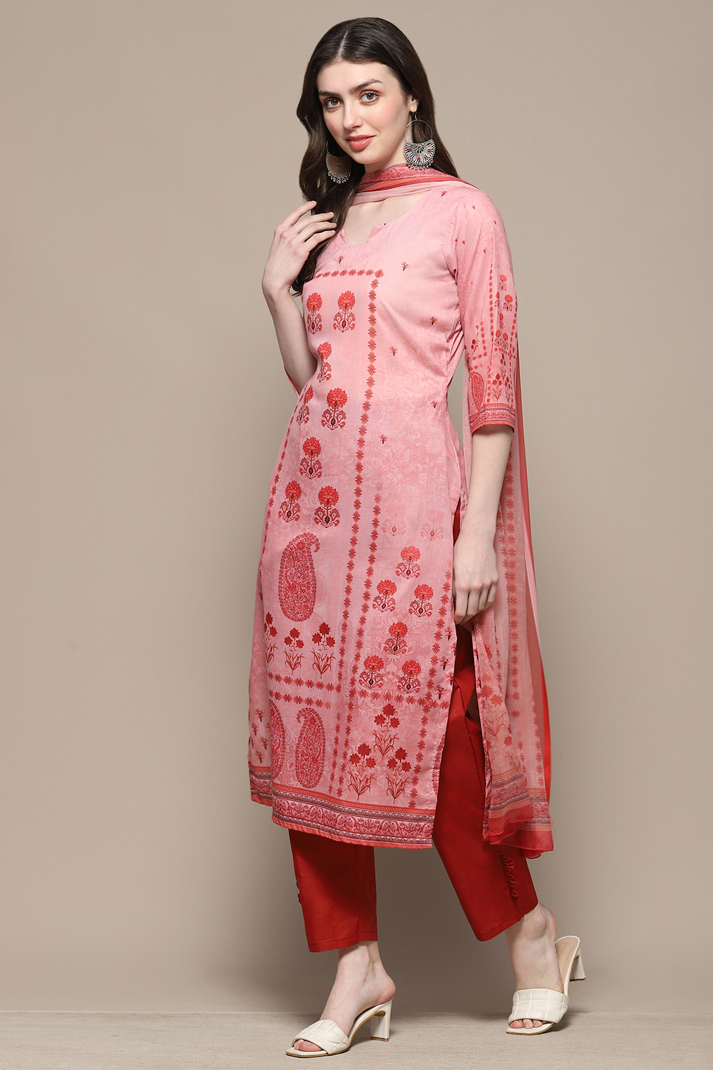 Red Cotton Blend Floral Digital Print Unstitched Suit Set image number 5