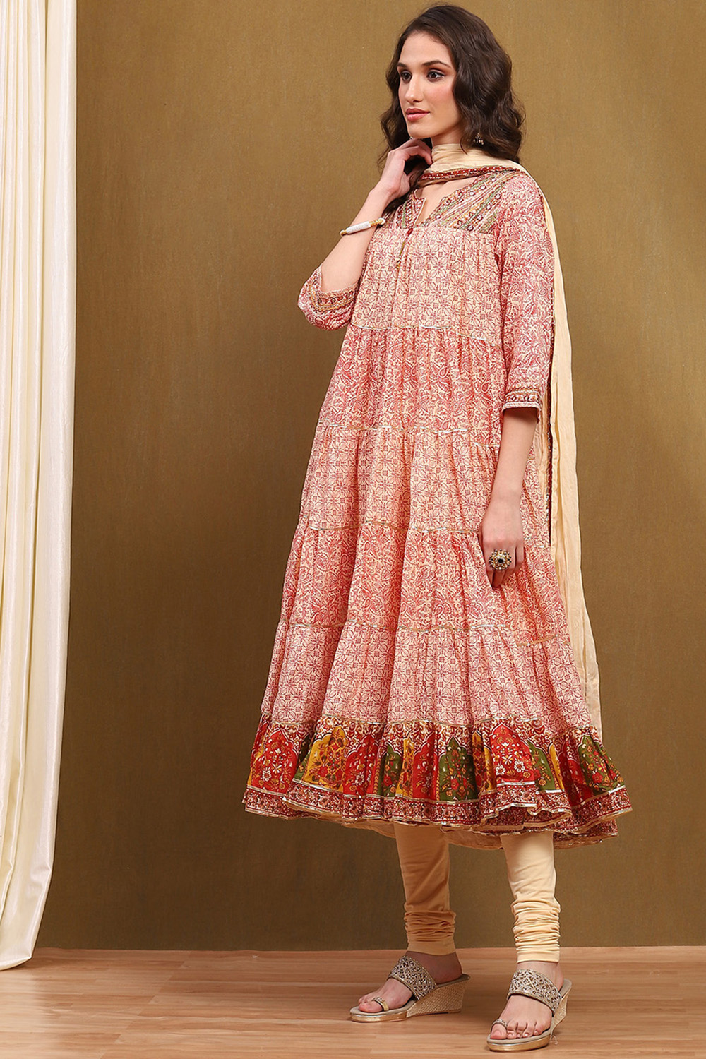 Ecru Cotton Printed Tiered Anarkali Suit Set image number 3