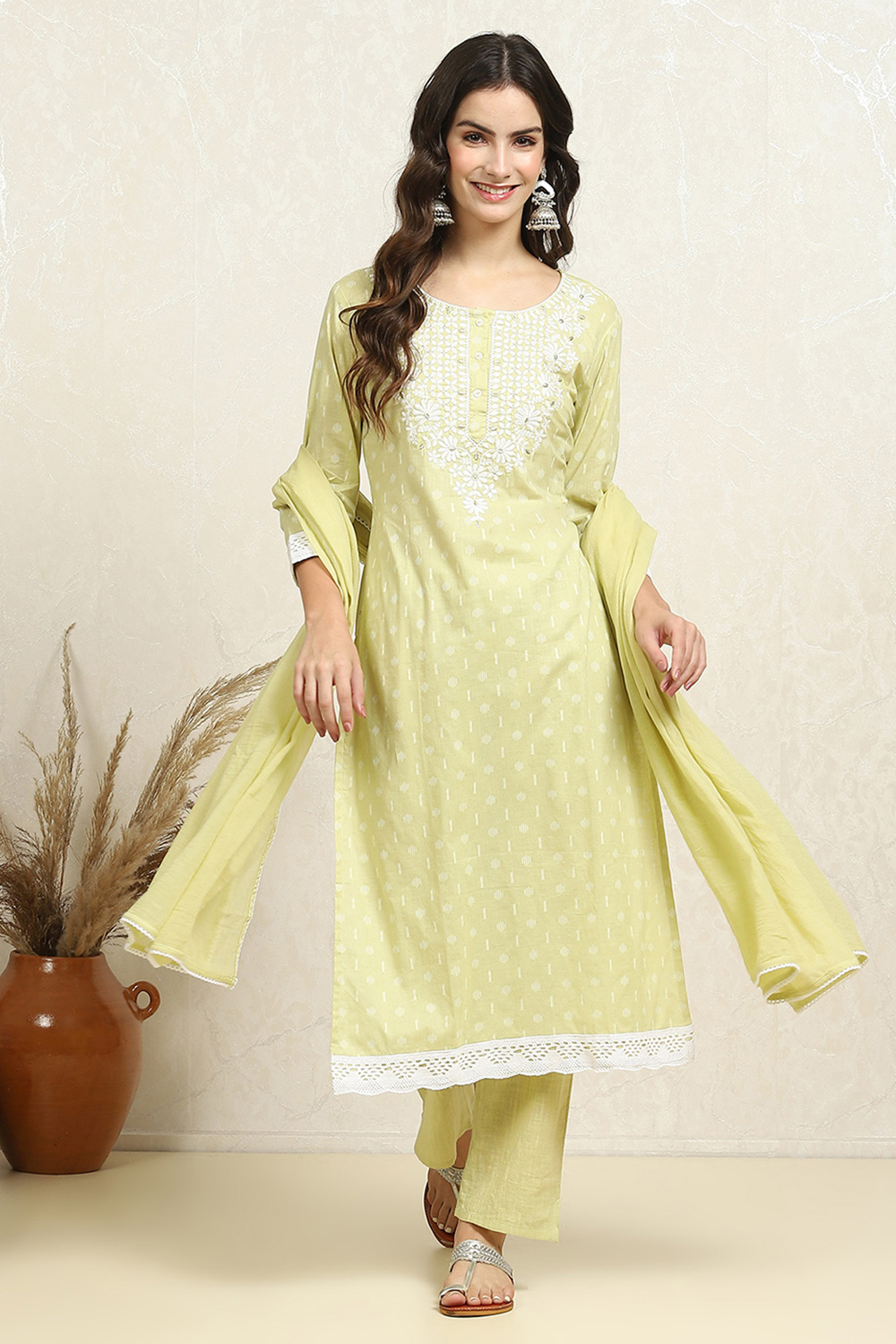 Green Cotton Handloom Unstitched Suit Set image number 1