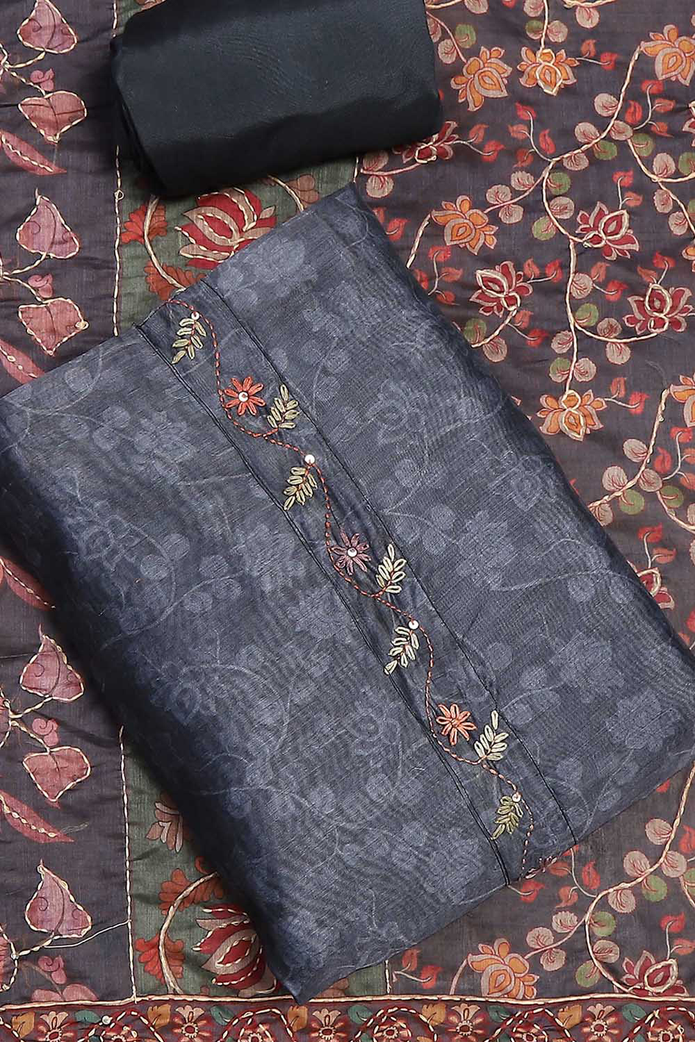 Grey Chanderi Hand Embroidered Unstitched Suit Set image number 0