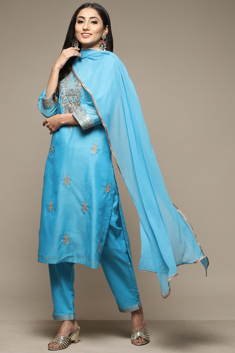 Electric Blue Cotton Blend Straight Kurta Pants Suit Set image number 5