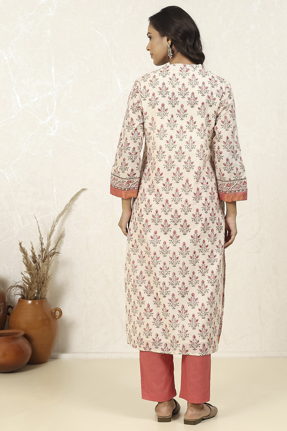 White Pink Cotton Hand Block Print Unstitched Suit Set image number 5