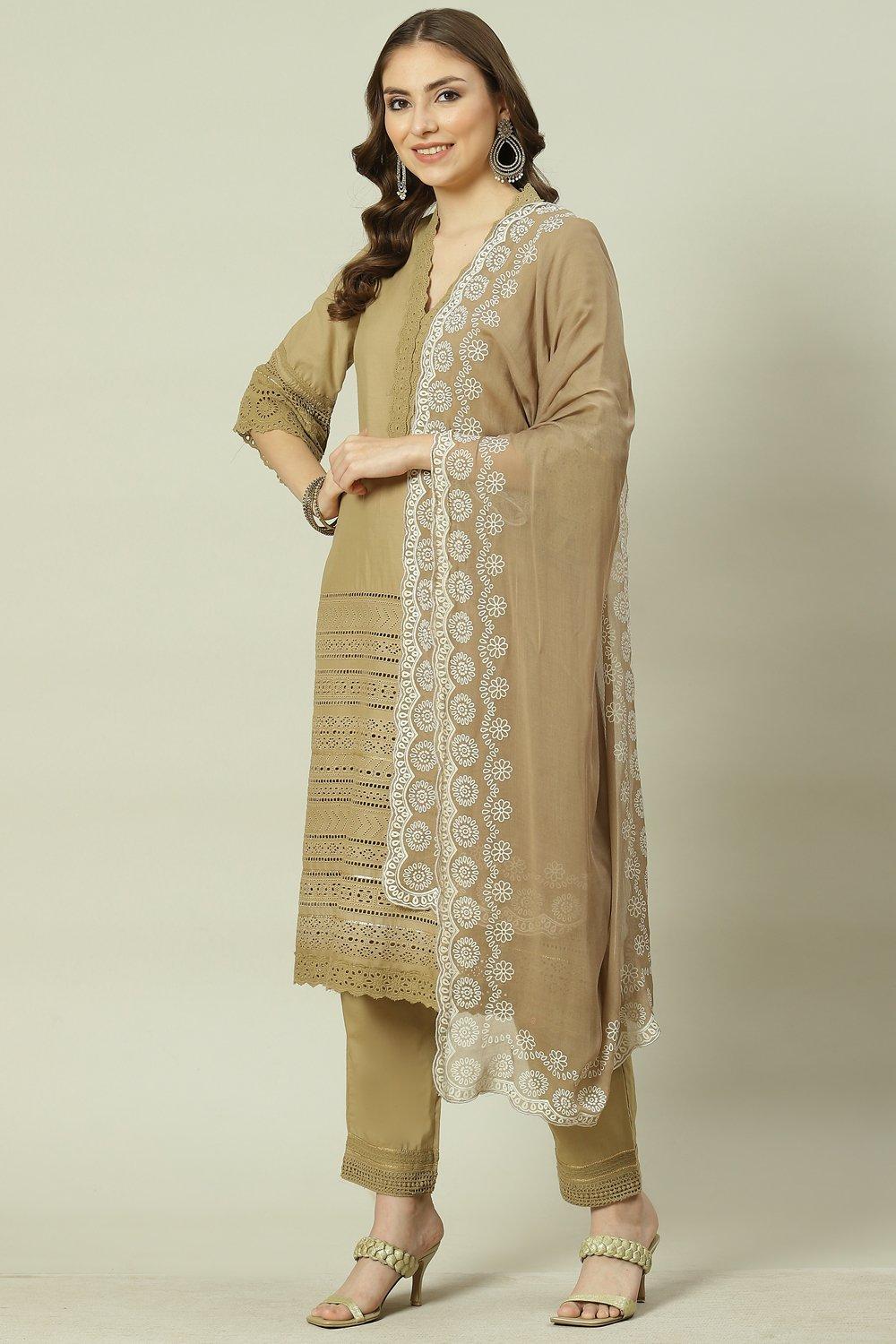 Off White Straight Kurta Relaxed Pants Suit Set image number 5