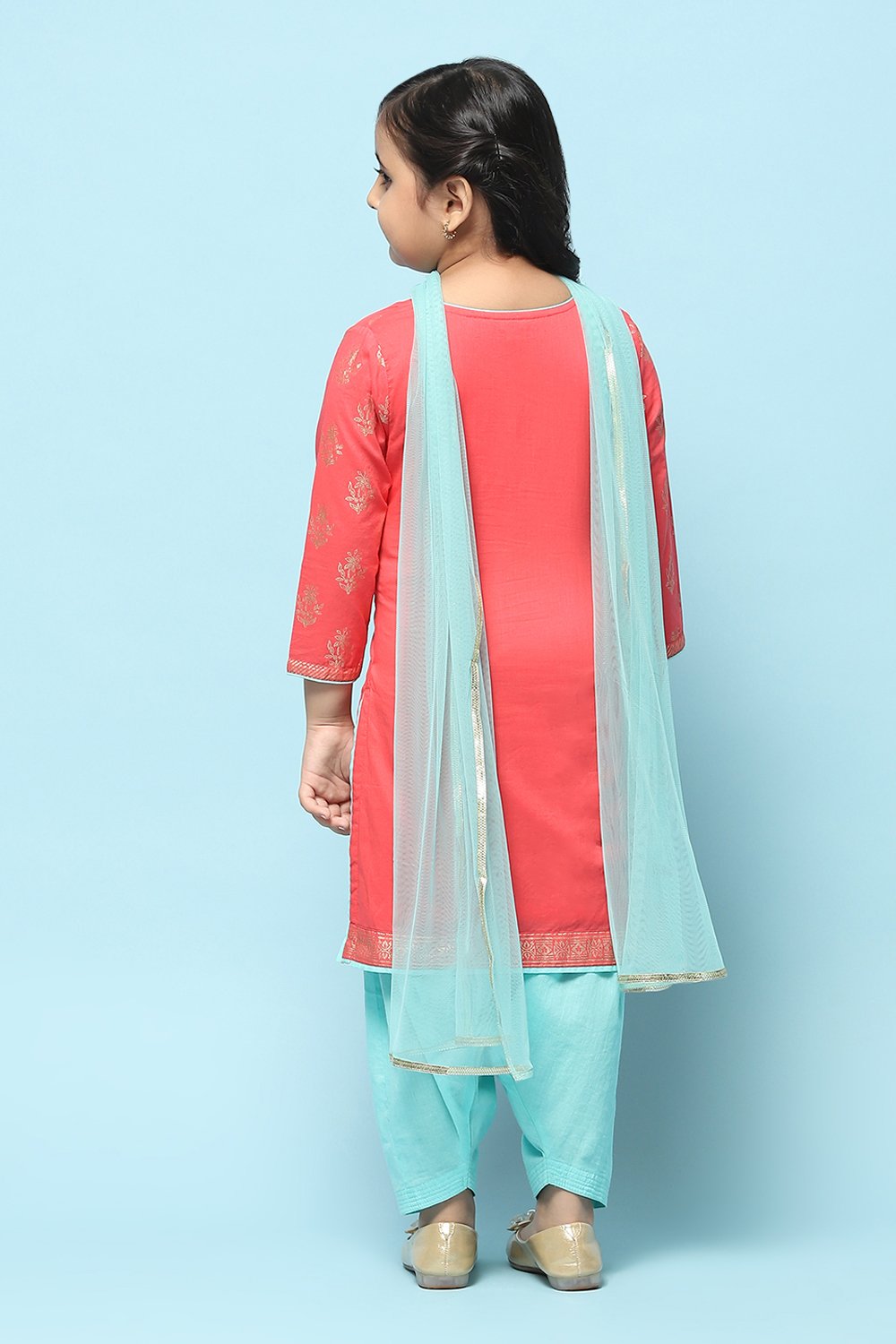 Turquoise Cotton Straight Printed Kurta Patiala Salwar Suit Set image number 5