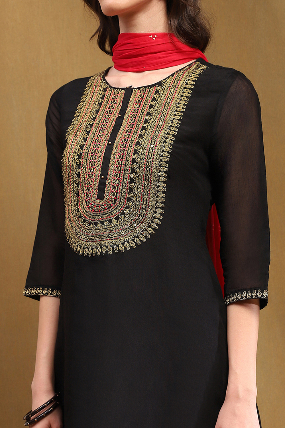 Black Embroidered Festive Straight Suit Set image number 1