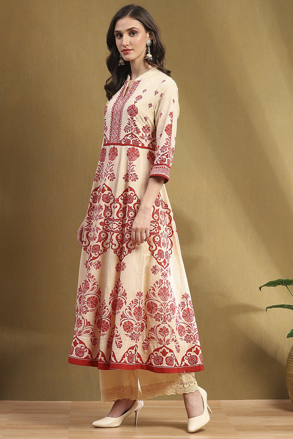 Ecru and Rust Cotton Printed Anarkali Kurta Set image number 3