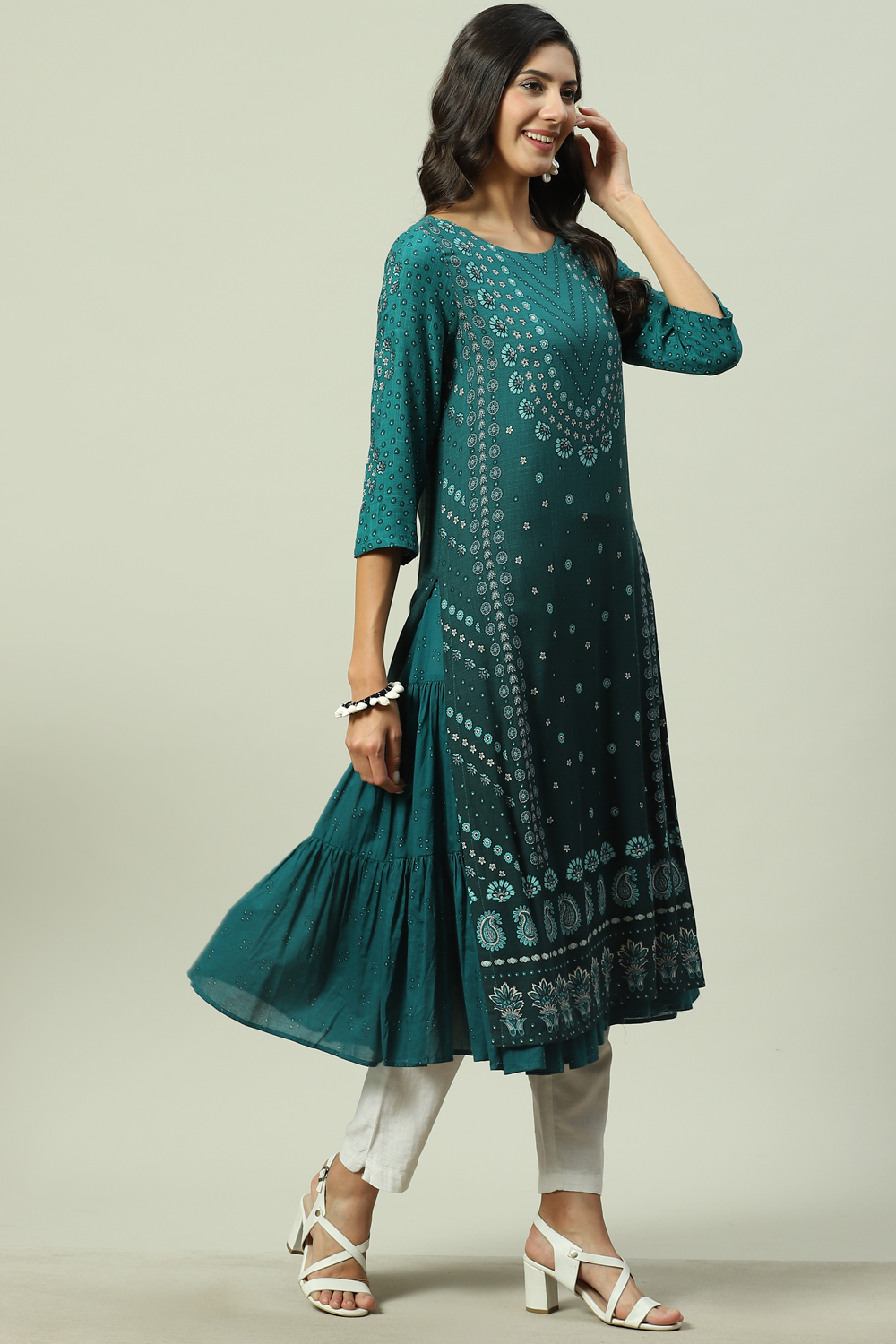 Teal LIVA Double Layered Printed Kurta image number 5